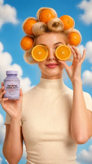 A young Caucasian woman with blonde hair styled in curlers and adorned with whole oranges is pictured in the center of t
