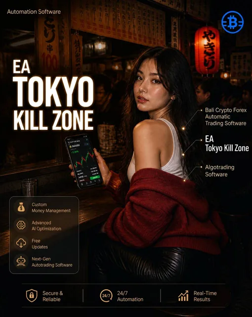 Advertisement poster for “BALI CRYPTO FOREX” product: EA Tokyo Kill Zone, vertical 4:5 composition. Cinematic, high-end
