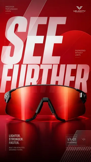 A premium commercial advertising poster for luxury sports sunglasses, featuring a centered product shot against a vibrant red background with bold graphic elements and oversized ty