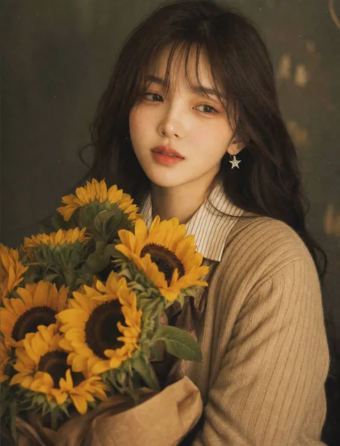 A young East Asian woman with long dark hair and curtain bangs, wearing a beige sweater, gently holds a large bouquet of golden sunflowers against a dark olive-grey bokeh backgroun