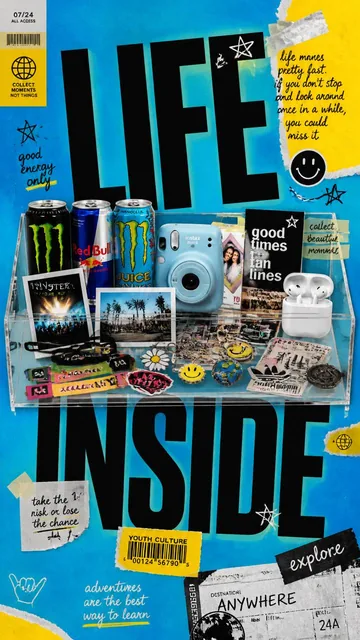 A premium 9:16 youth-culture lifestyle advertising poster.Main Subject:A transparent refrigerator shelf floating in the