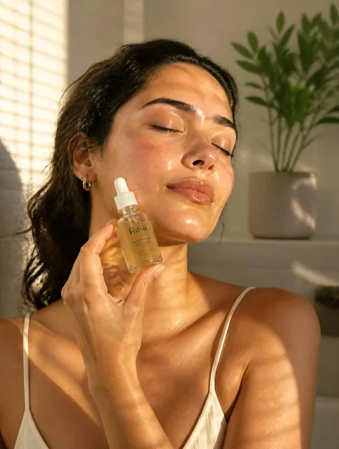 A young woman with a sun-kissed complexion and dark, wavy hair poses with eyes closed, with a glass dropper bottle of a