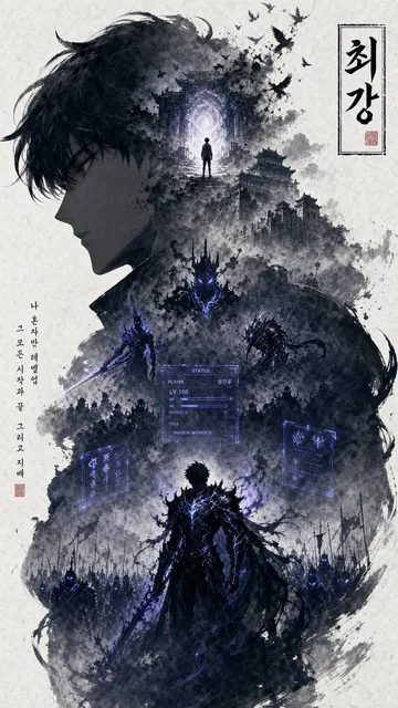 A collectible anime art poster of Sung Jinwoo from Solo Leveling. His large side-profile face and upper body silhouette
