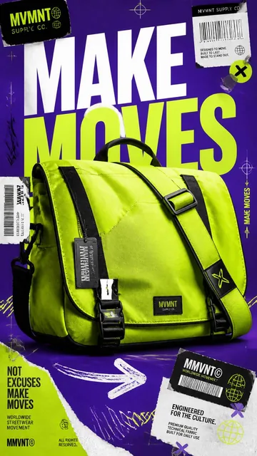 A premium 9:16 streetwear advertising poster featuring a large neon lime messenger bag centered against a deep royal purple background, with bold "MAKE MOVES" typography and urban