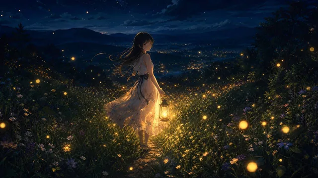 A girl walking through a meadow illuminated by thousands of glowing fireflies, warm lantern in hand, deep blue summer ni