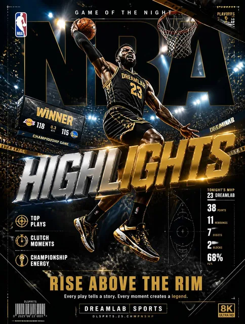 Ultra-premium NBA basketball highlights poster featuring an explosive game-winning moment inside a packed championship a
