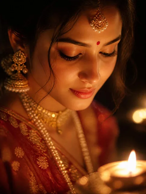 A portrait of a woman in traditional Indian attire is captured in an ethereal, dreamlike state, illuminated by the warm,