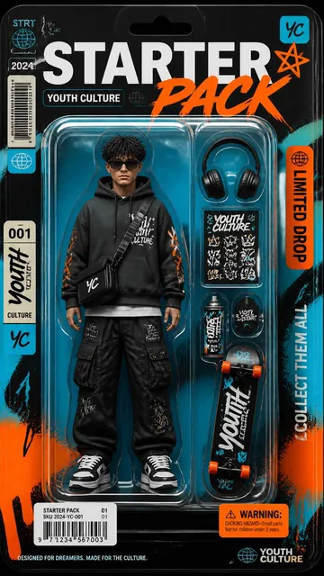 Premium 9:16 youth-culture poster of a streetwear action figure in a transparent collectible toy box, featuring 'STARTER PACK' text and neon colors.