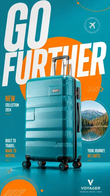 A modern hard-shell suitcase stands upright on a bright turquoise background with orange graphic accents, featuring bold 'GO FURTHER' typography and travel-inspired graphic element
