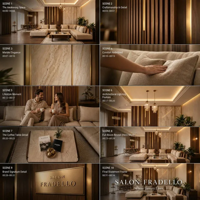 Cinematic interior shot of a luxurious living space at Salon Fradello, featuring a beige sofa, marble wall, and walnut accents, bathed in warm ambient light, conveying calm confide