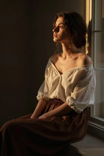 A classic artistic style of portrait a young woman with shoulder-length dark brown hair styled in a messy pulled back si