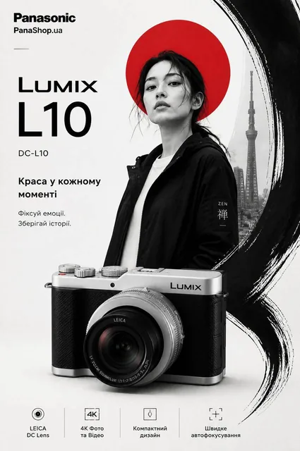 Create a premium 800x1300 hero banner / homepage poster for Panasonic Panashop.ua featuring the Panasonic LUMIX DC-L10 c