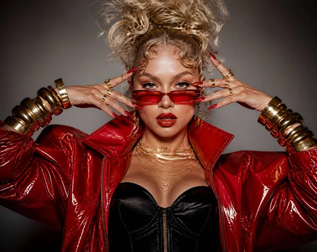 Ultra high-fashion editorial portrait of a striking young blonde woman, waist-up composition, powerful dominant pose, ch