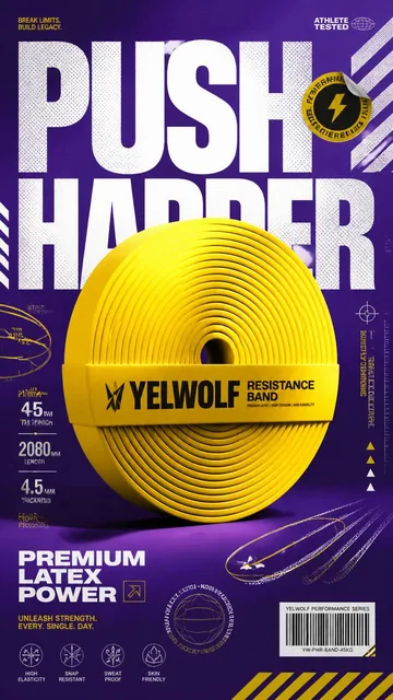 A premium 9:16 fitness advertising poster with a bright yellow resistance band centered against a deep royal purple studio backdrop, featuring bold "PUSH HARDER" typography and dyn