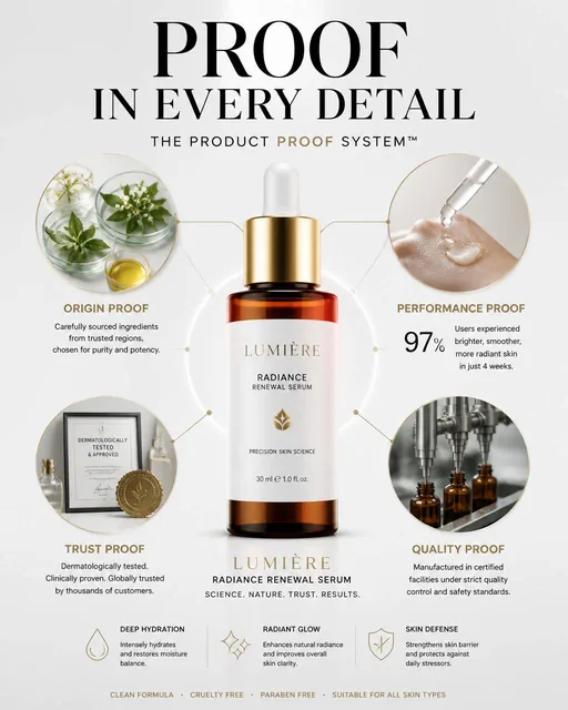 A premium commercial advertisement showcasing the 'Product Proof System' framework. A central product is surrounded by four distinct evidence zones: origin, performance, quality, a