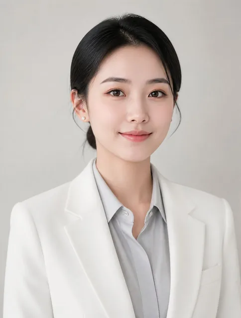 人物肖像照，正面，28岁东亚年轻女生，28岁亚洲女性职业肖像，脸型偏圆，但是看起来偏瘦，乌黑低丸子头，佩戴简约白金耳钉（直径8mm）。五官特征：粉雾眉（#5A4A42渐变），杏仁眼带珠光浅棕眼影（Pantone 16-1225TPX），鼻梁