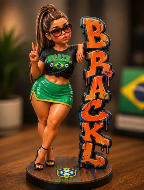 A highly detailed, stylized vinyl collectible figurine of a young woman with a high ponytail and glasses stands in a pla