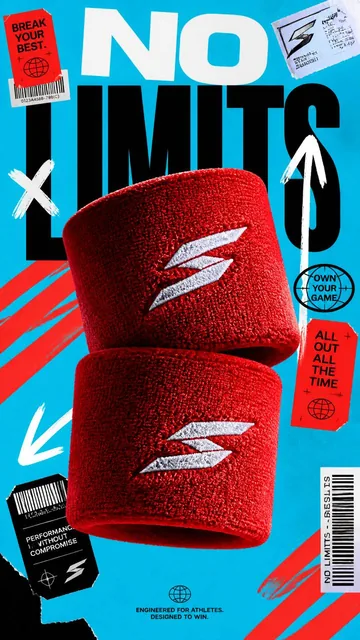 Premium 9:16 athletic accessories advertising poster with oversized bright-red sports wristbands, 'NO LIMITS' typography, and dynamic graphic elements on an electric cyan backgroun