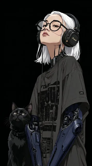 In this style, make the cat black, the color of the mechanical arms dark blue, the dark oversized T-shirt, the girl's ha