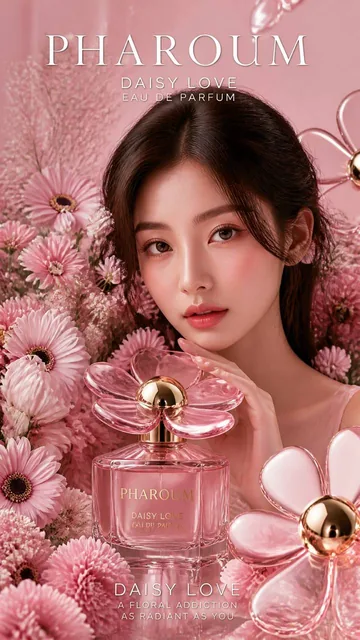 Ultra-luxury perfume advertising campaign for PHAROUM Daisy Love Eau de Parfum, vertical 9:16 beauty poster, elegant you