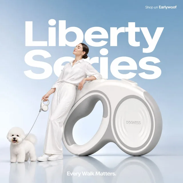 Minimalist commercial ad featuring oversized light grey and white Dogness leash, ultra-clean design. A young woman in al
