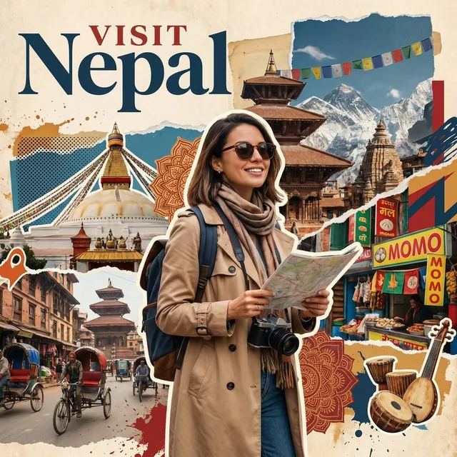 Create a stylized travel poster / graphic collage for Nepal. The main subject should be a stylish international tourist