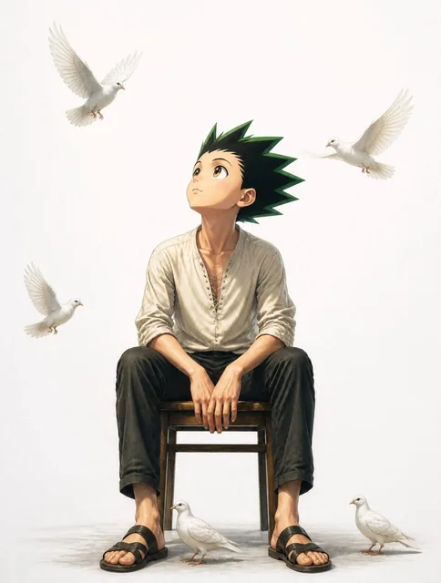 dont make a lot of birds and make the birds white not black also insted of eren yeager put gon from hunter x hunter and