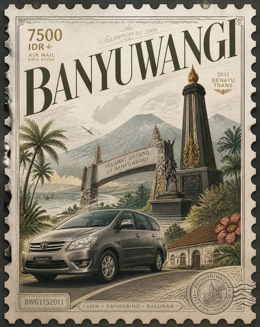 Design a 4:5 premium stamp collection poster for the city of Banyuwangi, where the entire composition is one monumental