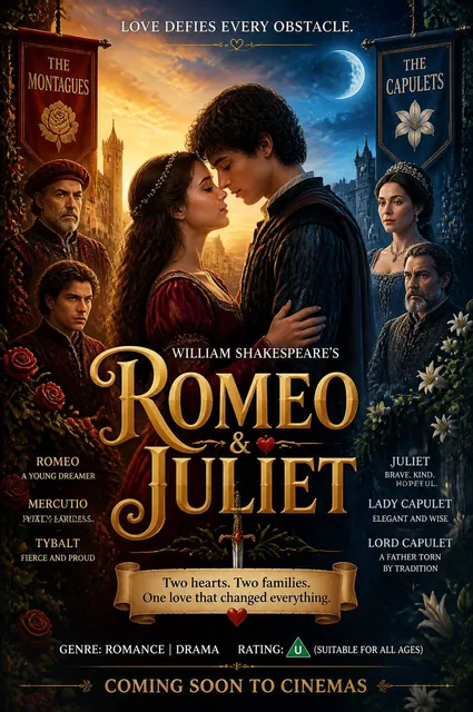 Design a colourful and creative movie poster based on any one famous Shakespeare story. Imagine the play is being releas