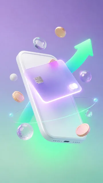 Floating 3D digital wallet illustration designed for a premium FinTech app hero screen. A sleek, frosted glass credit ca