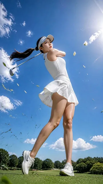 25岁东亚职业女性高尔夫运动员完成职业级收杆动作，身体完全展开，重心压向前脚，后脚脚尖轻点地面；双手高举完成收杆，球杆自然绕至肩后，形成极具压迫感的对角线构图。