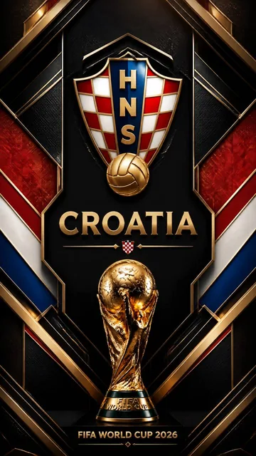 Ultra-premium FIFA World Cup 2026 poster for Croatia, featuring a 3D embossed gold emblem, the World Cup trophy, and geometric panels on a black background.