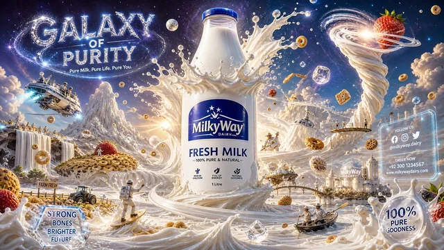 Create an insanely creative cinematic milk product advertising flyer with a magical “Galaxy of Purity” concept that feel