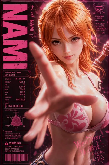 A vertical character poster featuring [娜美 (Nami)] as the absolute main visual, occupying most of the composition. The ov