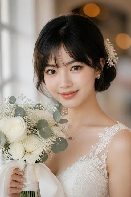 A breathtaking close-up portrait of a beautiful Asian bride, Reference Image, showing a gentle, shy, and happy smile. Sh