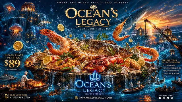 Create an insanely cinematic seafood restaurant advertising flyer with a massive underwater fantasy concept that feels l