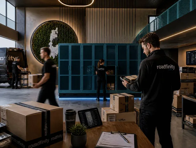 Professional architectural photography of a modern industrial delivery warehouse interior for "roadfinity".