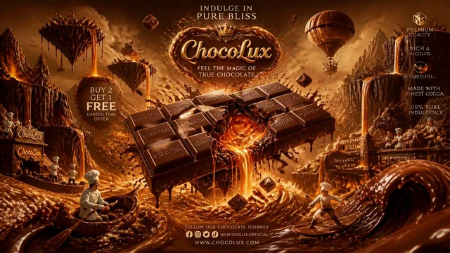 Create an insanely luxurious cinematic chocolate advertising flyer with a surreal fantasy concept that feels like a bill