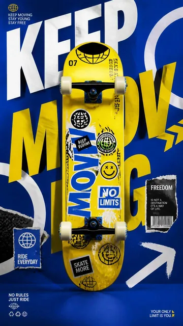 A premium 9:16 sports-fashion advertising poster with a bright yellow skateboard deck centered against a deep cobalt blue background, featuring 'KEEP MOVING' typography and dynamic