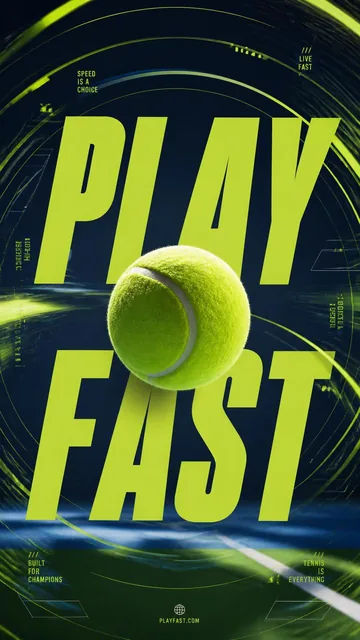 A premium commercial sports campaign poster with a tennis ball in the center and massive bold typography reading 'PLAY FAST' against a vibrant lime-green and navy-blue background w