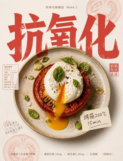 { "SUBJECT": "一只烤至微焦的番茄，对半切开，水波蛋置于其上，蛋黄半流", "SUBJECT_ACTION": "静物俯拍角度，蛋黄液自然流淌，呈现晚餐的满足感", "PRODUCT_OR_PROP": "散落的罗勒叶、海盐碎、