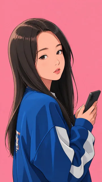 A stylized anime-inspired portrait features [image1], flat pastel pink backdrop. She wears the same clothes in the photo