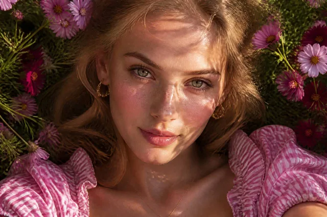 Ultra-realistic fashion beauty portrait of a stunning young Russian woman with soft golden-blonde hair, lying in a lush