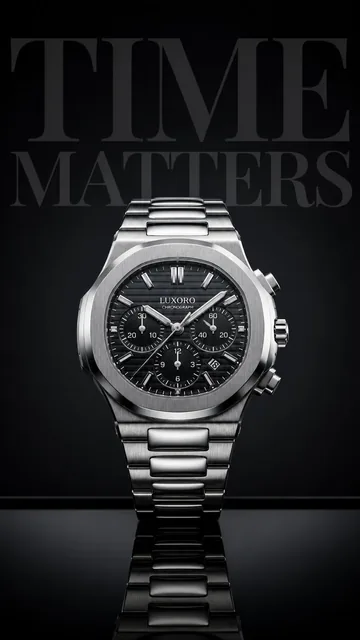 Ultra-realistic advertising visual of a premium stainless-steel wristwatch centered on a reflective black surface, with elegant 'TIME MATTERS' typography in the background and dram