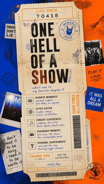 A premium 9:16 youth-culture editorial poster.Main Subject:A giant realistic movie ticket stretched vertically through t