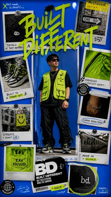 Premium 9:16 streetwear campaign poster with a male model in a neon vest, overlaid with a collage of Polaroid photos showing details like sneakers and street signs, with 'BUILT DIF