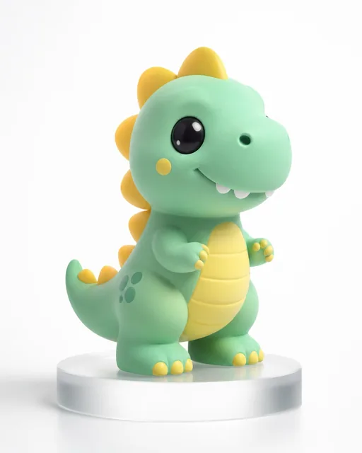 A premium commercial 3D character design of a stylized, friendly dinosaur mascot, created as a high-end collectible viny