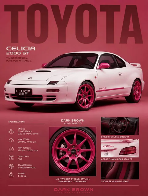 A high-contrast studio editorial poster featuring a pristine white CELICIA 2000 ST with custom hot-pink accents and matc
