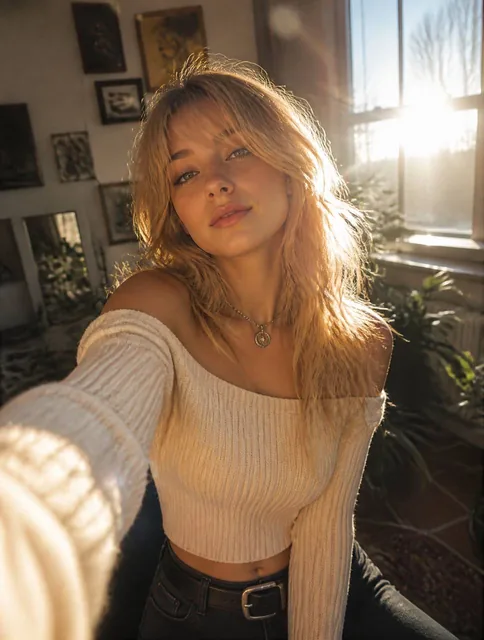 A realistic, cinematic digital painting of a young russian woman taking a selfie in a sunlit room. She has a messy, and