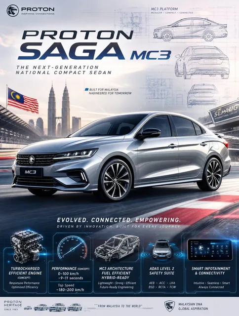 Create an epic premium automotive poster of Proton Saga MC3 (Next-Generation Proton Saga Concept).Place the Proton Saga